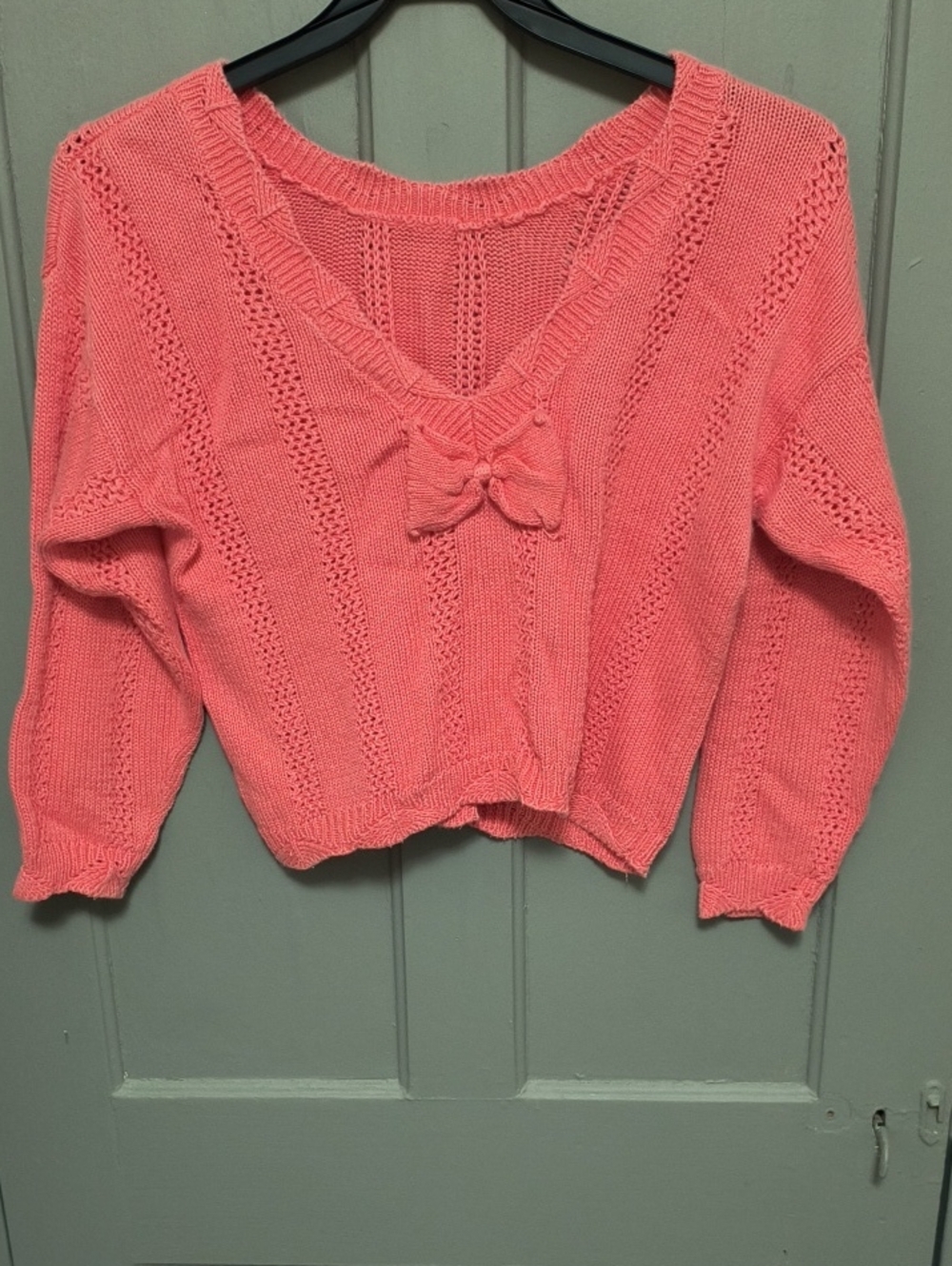 V-Neck Coral Knit Sweater with Front Bow Accent